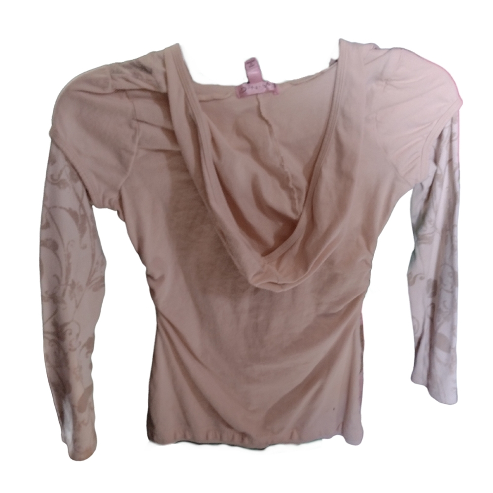 ab) FANG Long Sleeve Hooded Top Beige Metallic Scroll Design Size L (14) - Picture 2 of 6